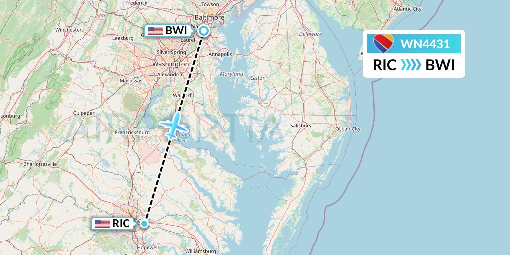 WN4431 Southwest Airlines Flight Map: Richmond to Baltimore