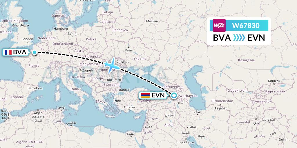 W67830 Wizz Air Flight Map: Paris to Yerevan