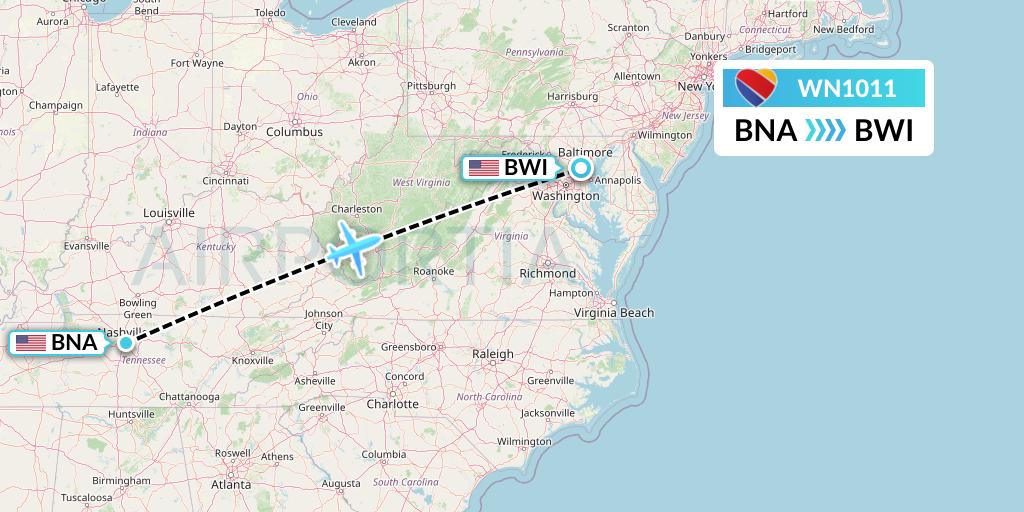 WN1011 Southwest Airlines Flight Map: Nashville to Baltimore