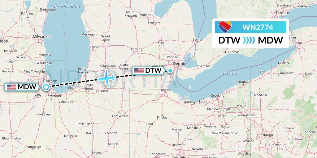 WN2774 Southwest Airlines Flight Map: Detroit to Chicago