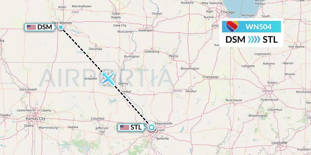 WN504 Southwest Airlines Flight Map: Des Moines to St. Louis