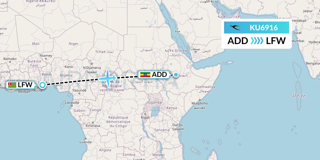 KU6916 Kuwait Airways Flight Map: Addis Ababa to Lome