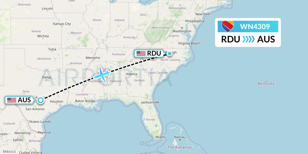 WN4309 Southwest Airlines Flight Map: Raleigh-Durham to Austin