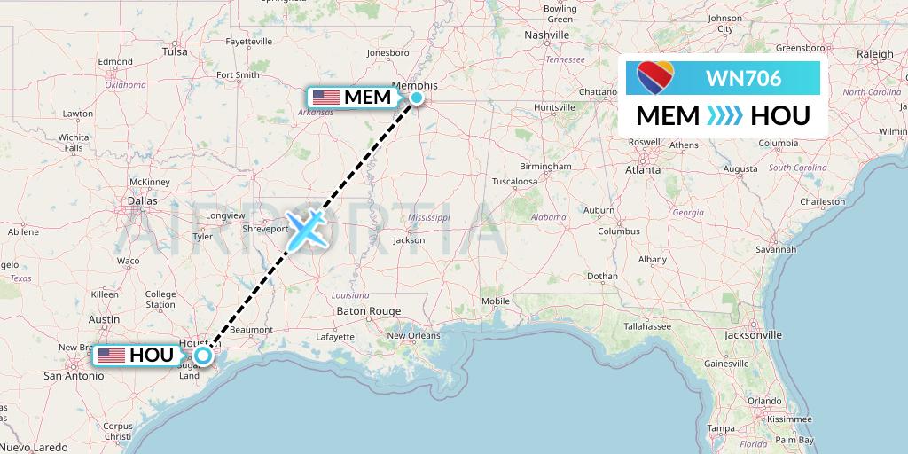 WN706 Southwest Airlines Flight Map: Memphis to Houston