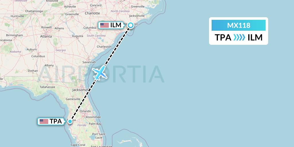 MX118 Breeze Airways Flight Map: Tampa to Wilmington