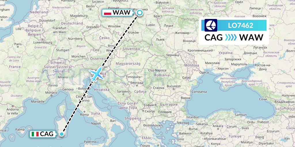 LO7462 LOT Flight Map: Cagliari to Warsaw
