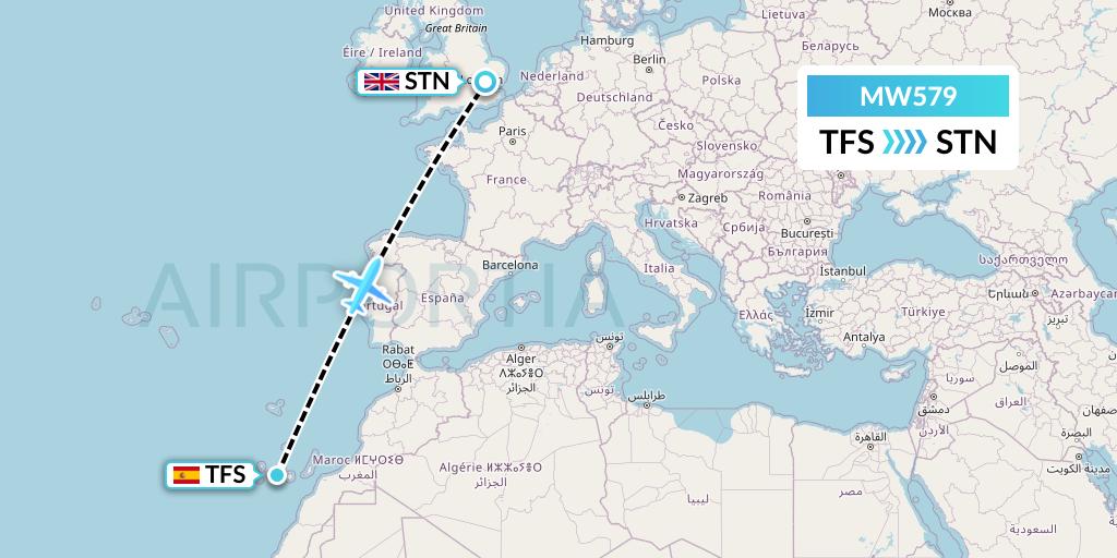 MW579 Mokulele Flight Service Flight Map: Tenerife to London