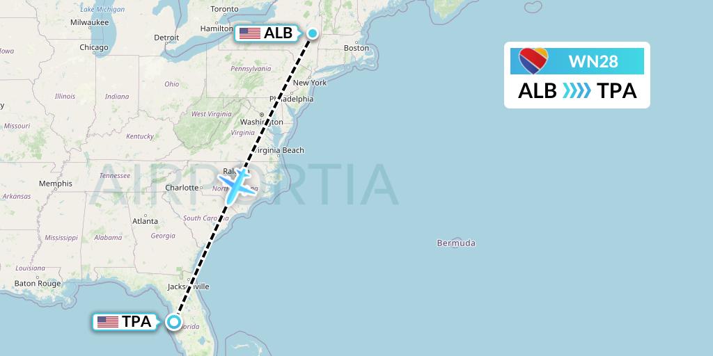 WN28 Southwest Airlines Flight Map: Albany to Tampa