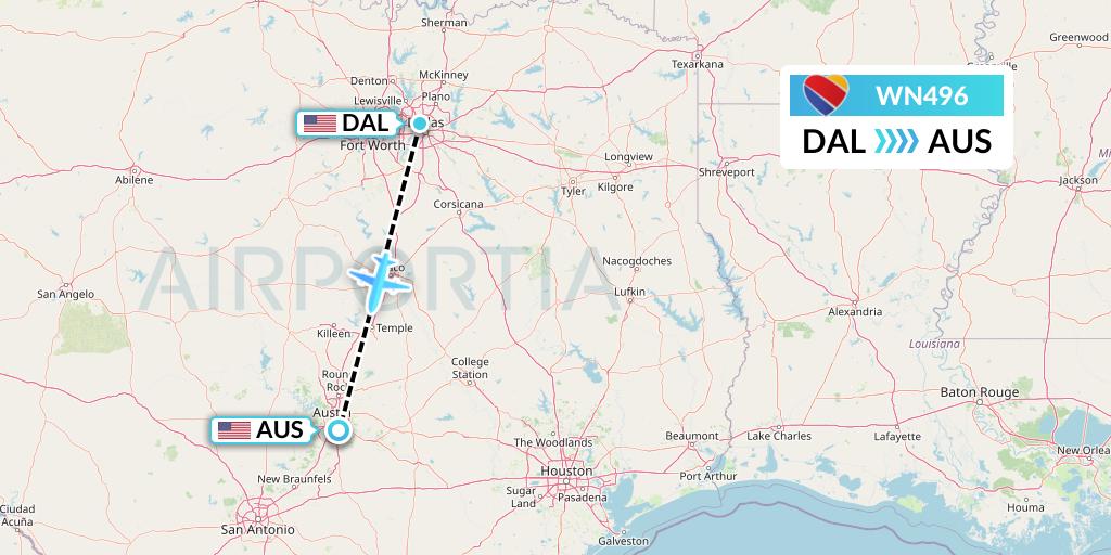 WN496 Southwest Airlines Flight Map: Dallas to Austin