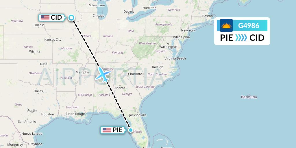 G4986 Allegiant Air Flight Map: St. Petersburg to Cedar Rapids