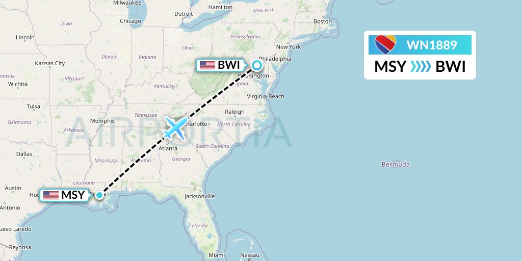 WN1889 Southwest Airlines Flight Map: New Orleans to Baltimore