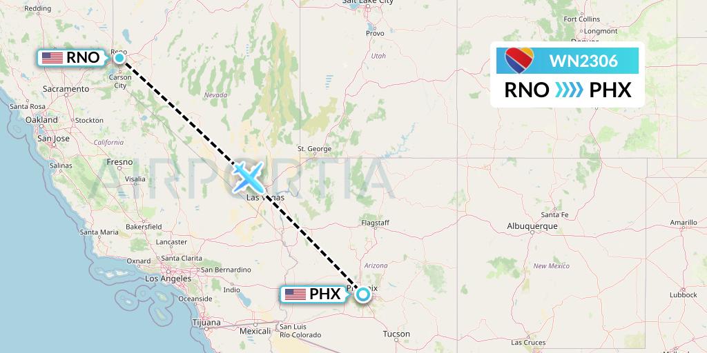 WN2306 Southwest Airlines Flight Map: Reno to Phoenix