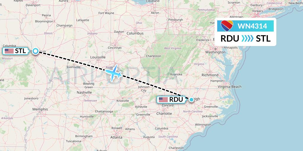 WN4314 Southwest Airlines Flight Map: Raleigh-Durham to St. Louis