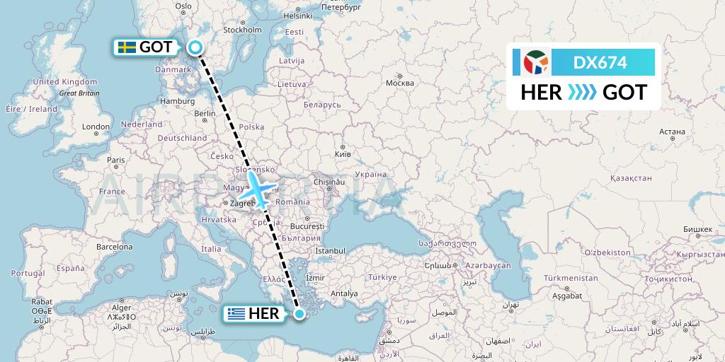DX674 Danish Air Transport Flight Map: Heraklion to Gothenburg
