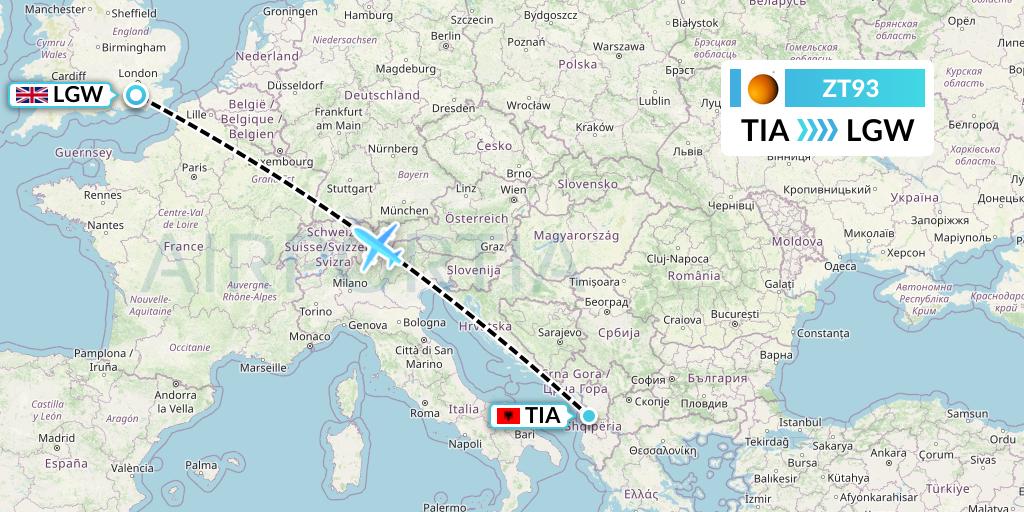ZT93 Titan Airways Flight Map: Tirana to London