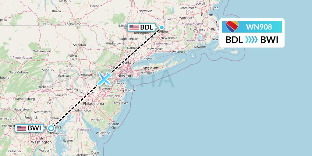 WN908 Southwest Airlines Flight Map: Windsor Locks to Baltimore