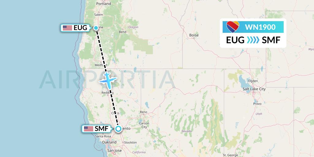 WN1900 Southwest Airlines Flight Map: Eugene to Sacramento