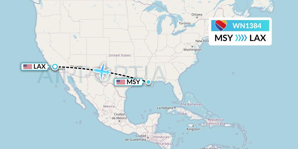 WN1384 Southwest Airlines Flight Map: New Orleans to Los Angeles