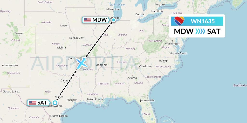 WN1635 Southwest Airlines Flight Map: Chicago to San Antonio