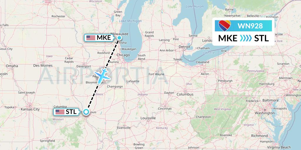 WN928 Southwest Airlines Flight Map: Milwaukee to St. Louis