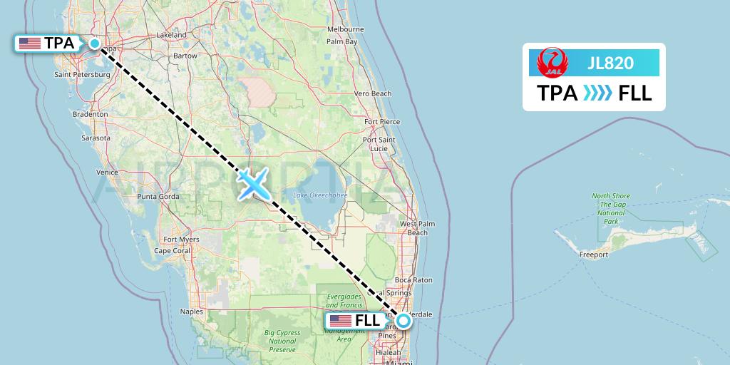 JL820 Japan Airlines Flight Map: Tampa to Fort Lauderdale