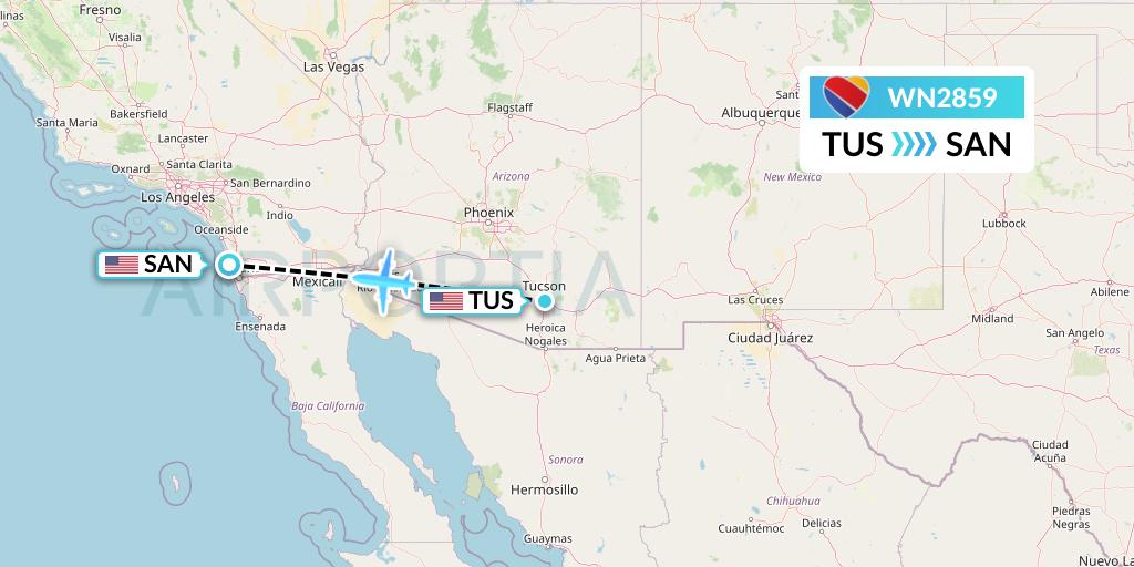 WN2859 Southwest Airlines Flight Map: Tucson to San Diego