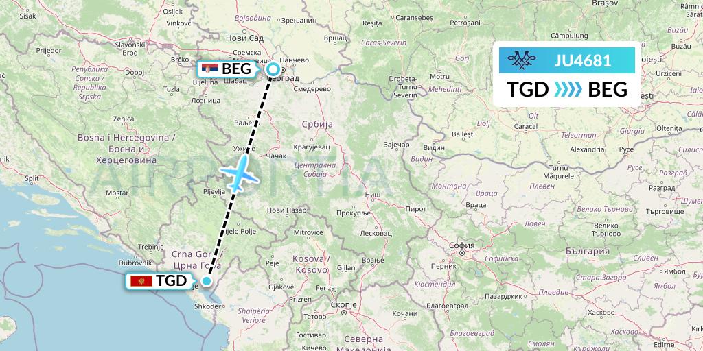JU4681 AirSERBIA Flight Map: Podgorica to Belgrade