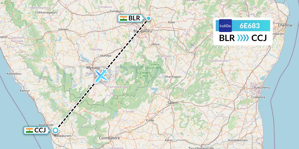 6E683 IndiGo Airlines Flight Map: Bangalore to Kozhikode