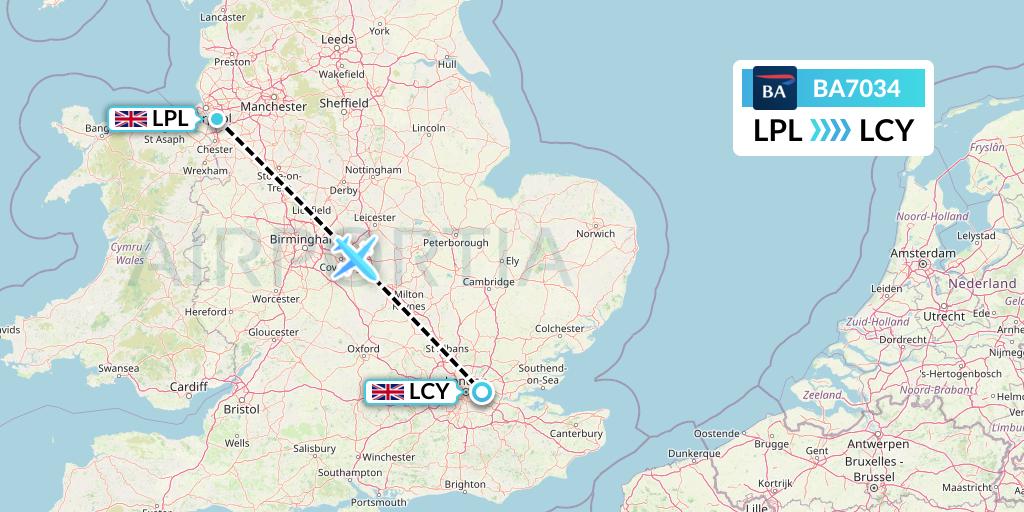 BA7034 British Airways Flight Map: Liverpool to London