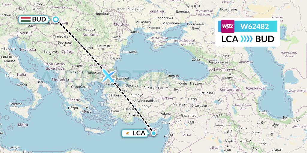 W62482 Wizz Air Flight Map: Larnaca to Budapest