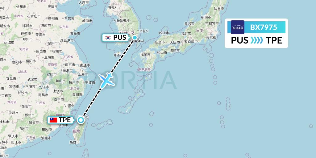 BX7975 Air Busan Flight Map: Busan to Taipei