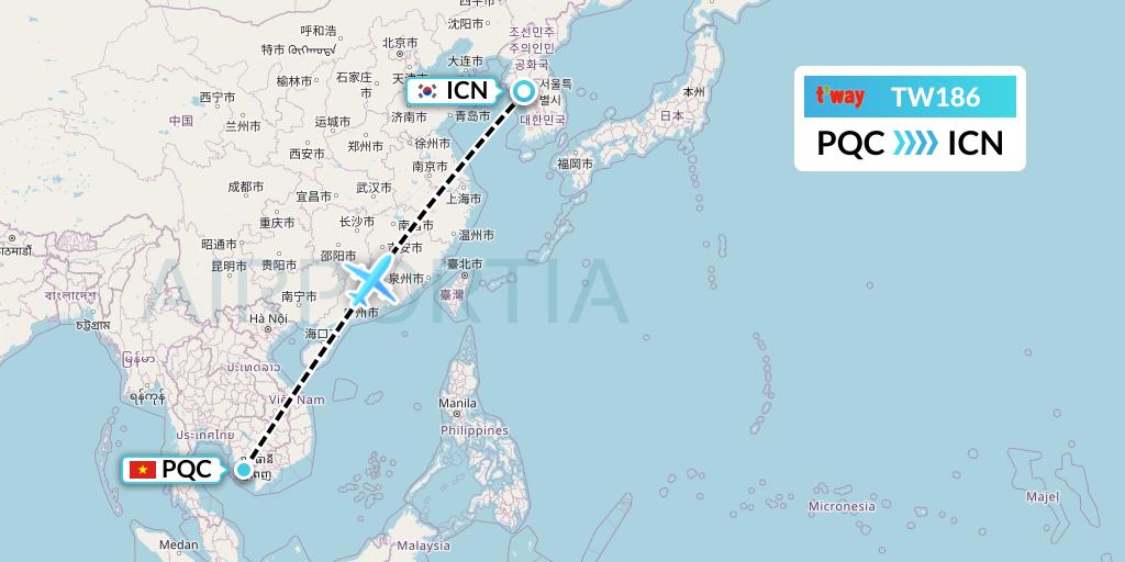 TW186 T'way Air Flight Map: Phu Quoc to Seoul
