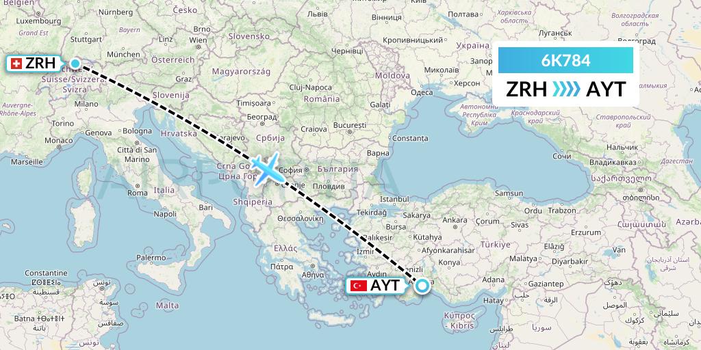 6K784 Songbird Airways Flight Map: Zurich to Antalya