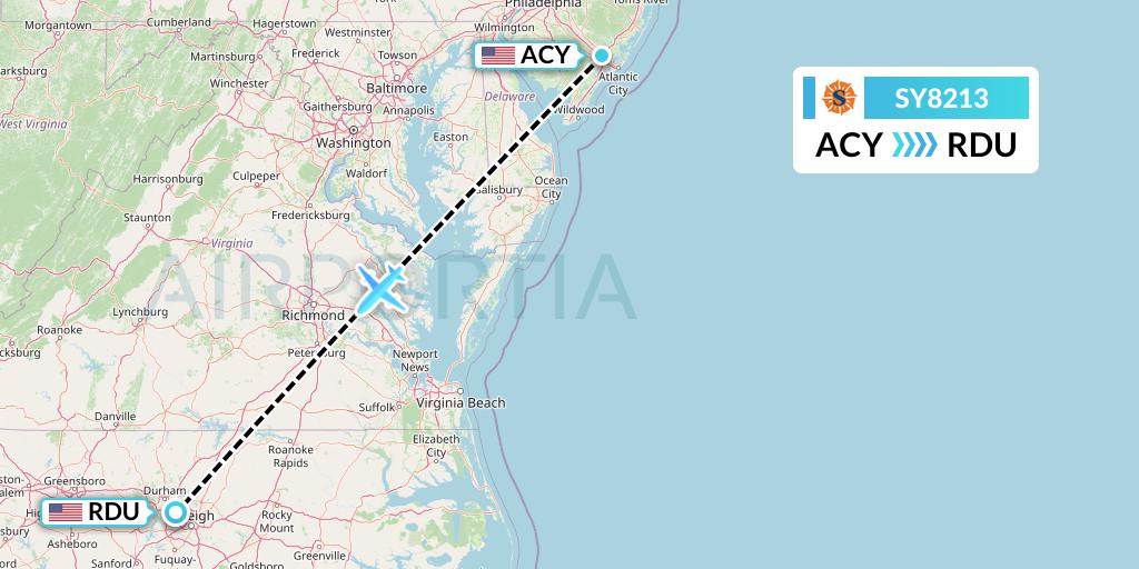 SY8213 Sun Country Airlines Flight Map: Atlantic City to Raleigh-Durham