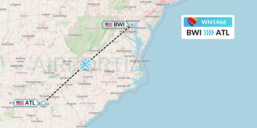 WN1466 Southwest Airlines Flight Map: Baltimore to Atlanta