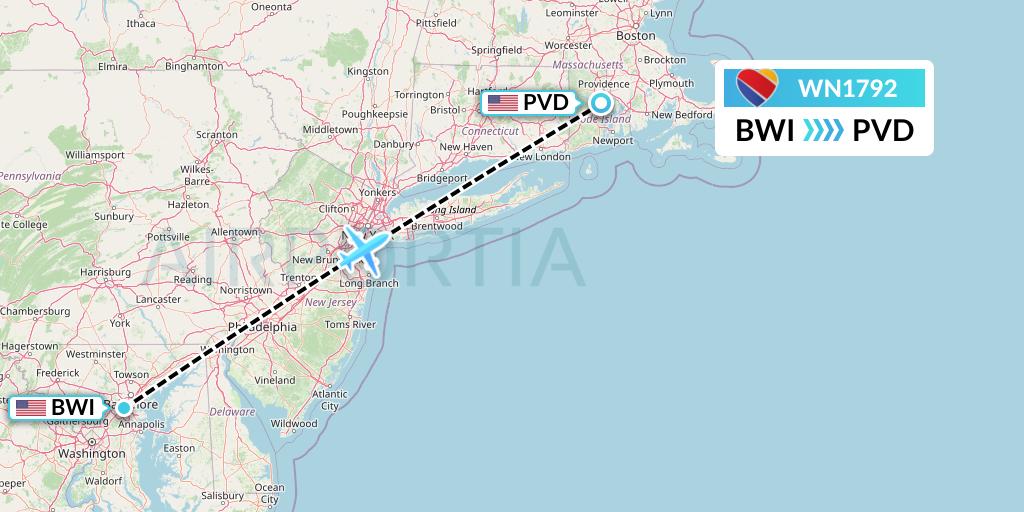 WN1792 Southwest Airlines Flight Map: Baltimore to Providence