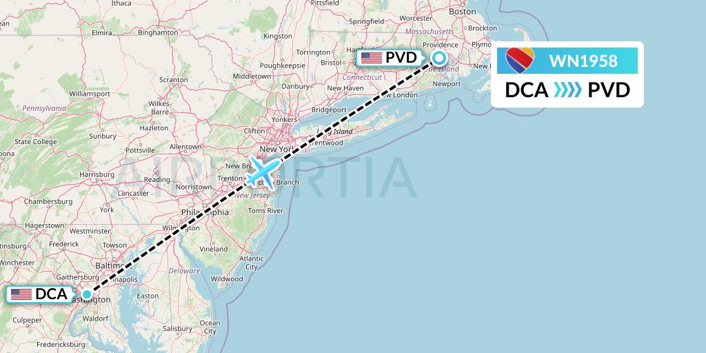 WN1958 Southwest Airlines Flight Map: Washington to Providence
