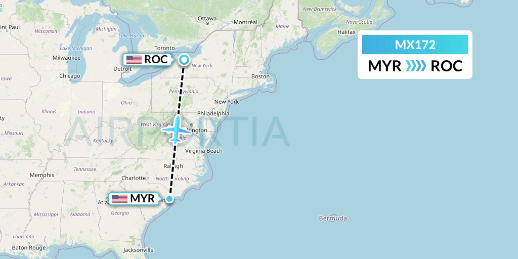 MX172 Breeze Airways Flight Map: Myrtle Beach to Rochester