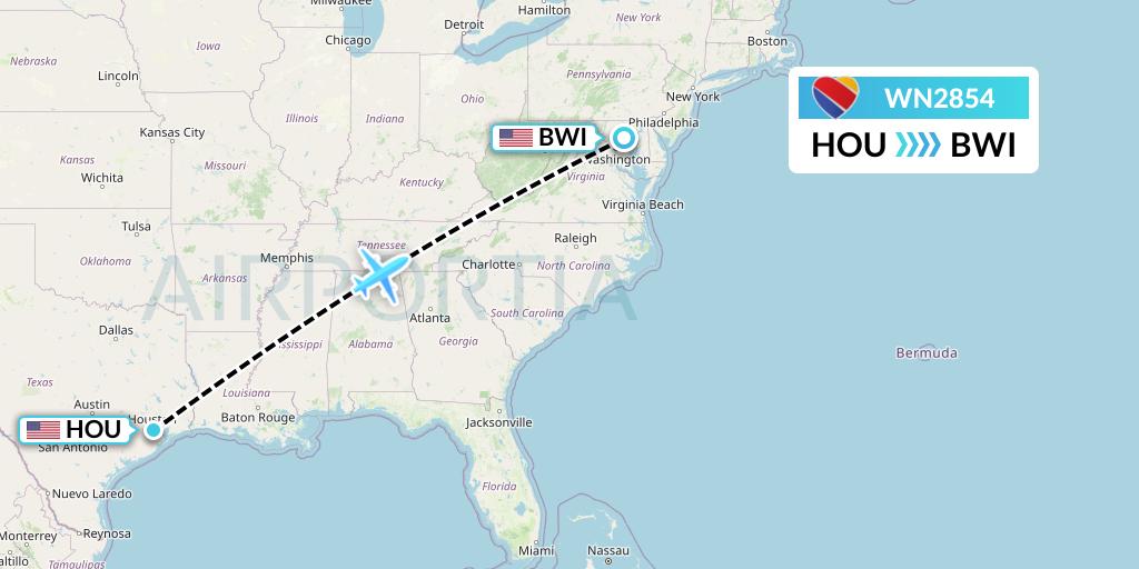 WN2854 Southwest Airlines Flight Map: Houston to Baltimore