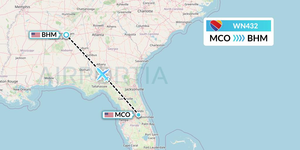 WN432 Southwest Airlines Flight Map: Orlando to Birmingham