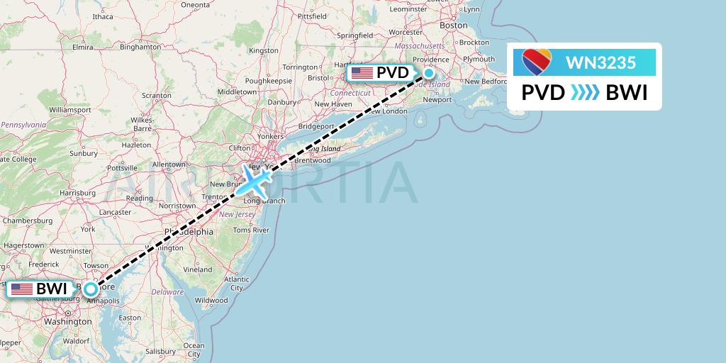 WN3235 Southwest Airlines Flight Map: Providence to Baltimore
