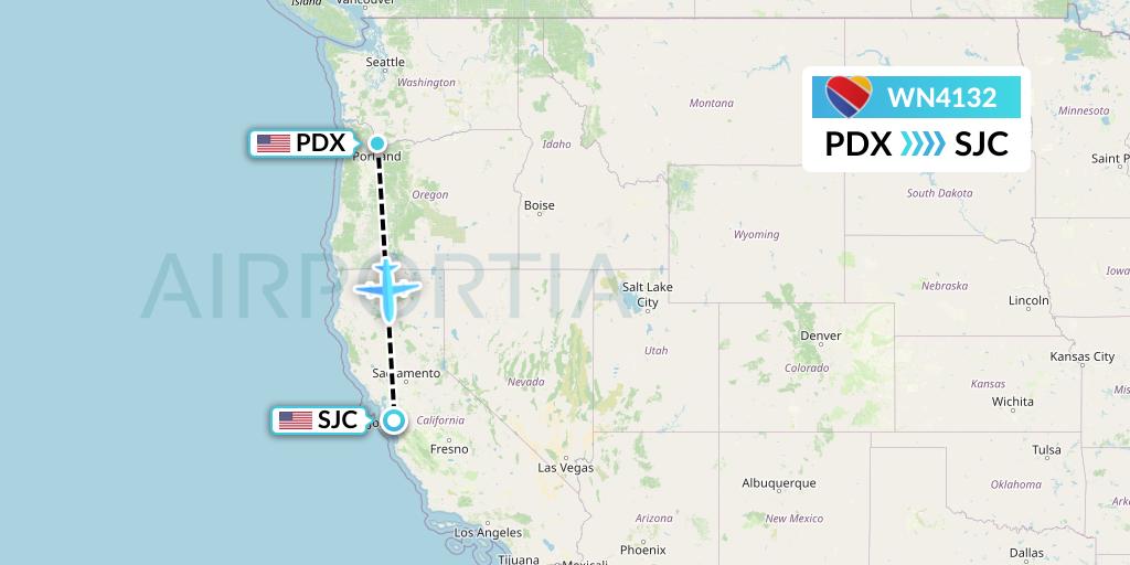 WN4132 Southwest Airlines Flight Map: Portland to San Jose