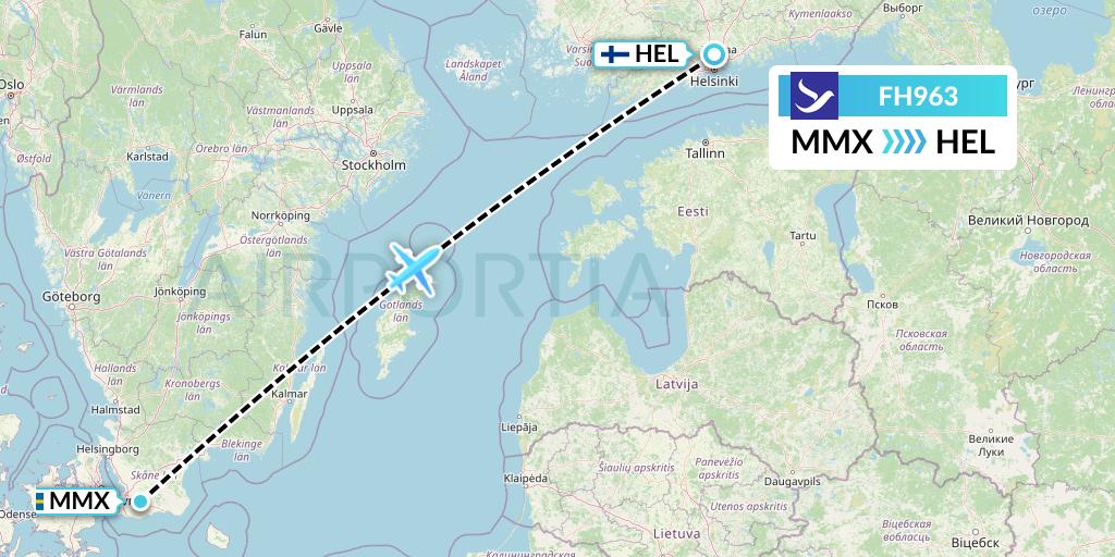 FH963 Freebird Airlines Flight Map: Malmo to Helsinki