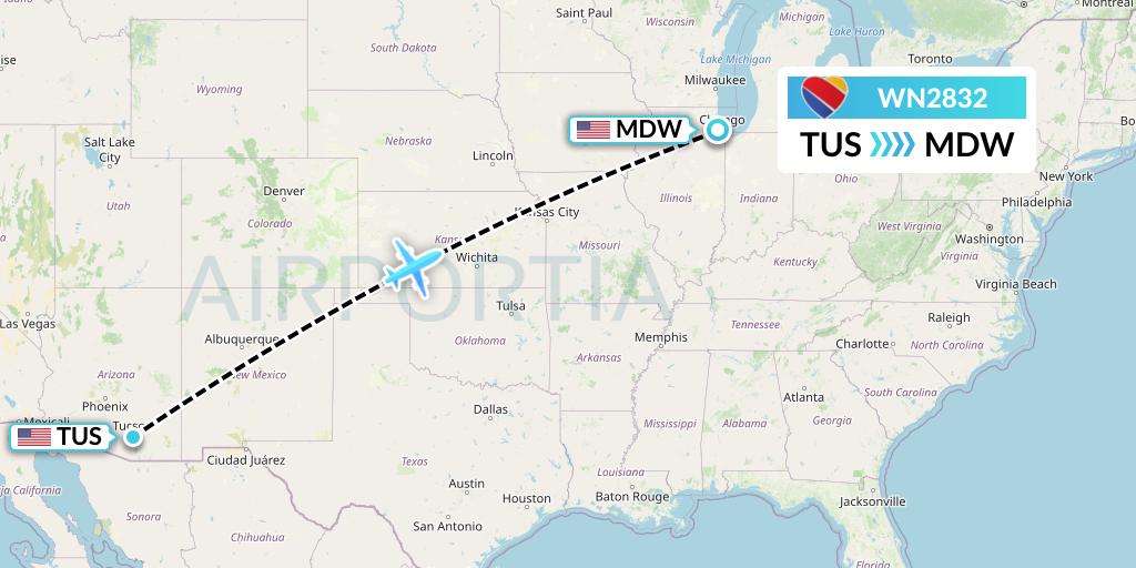 WN2832 Southwest Airlines Flight Map: Tucson to Chicago