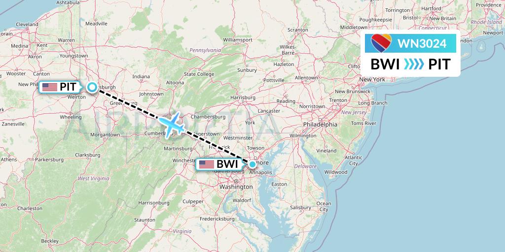 WN3024 Southwest Airlines Flight Map: Baltimore to Pittsburgh