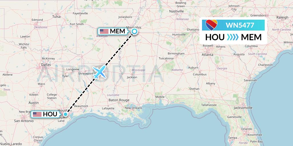 WN5477 Southwest Airlines Flight Map: Houston to Memphis