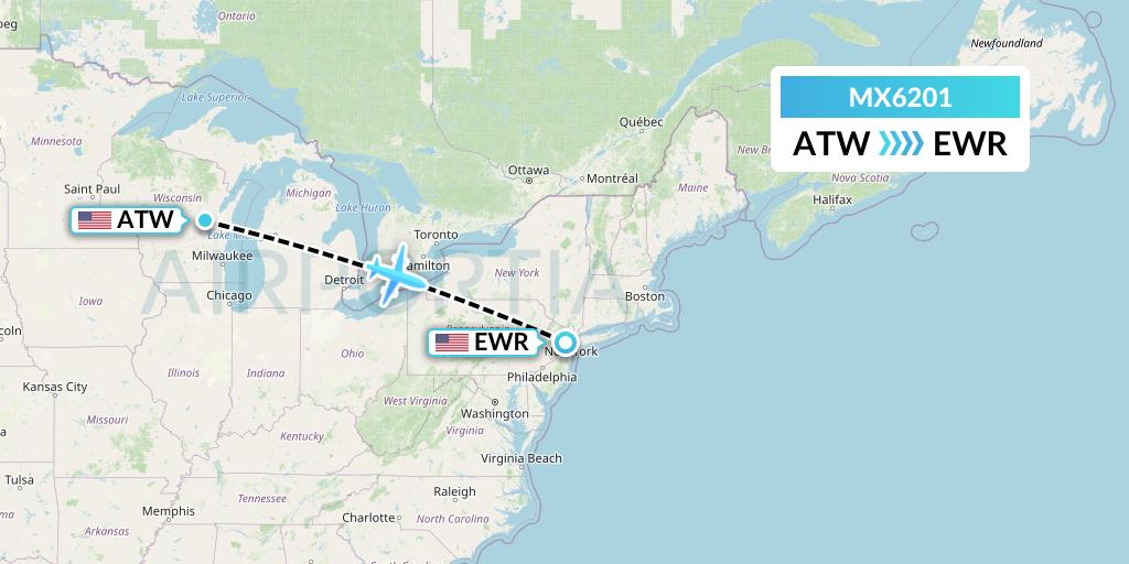 MX6201 Breeze Airways Flight Map: Appleton to New York