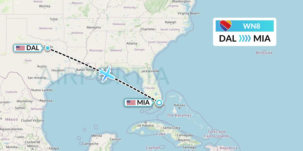WN8 Southwest Airlines Flight Map: Dallas to Miami