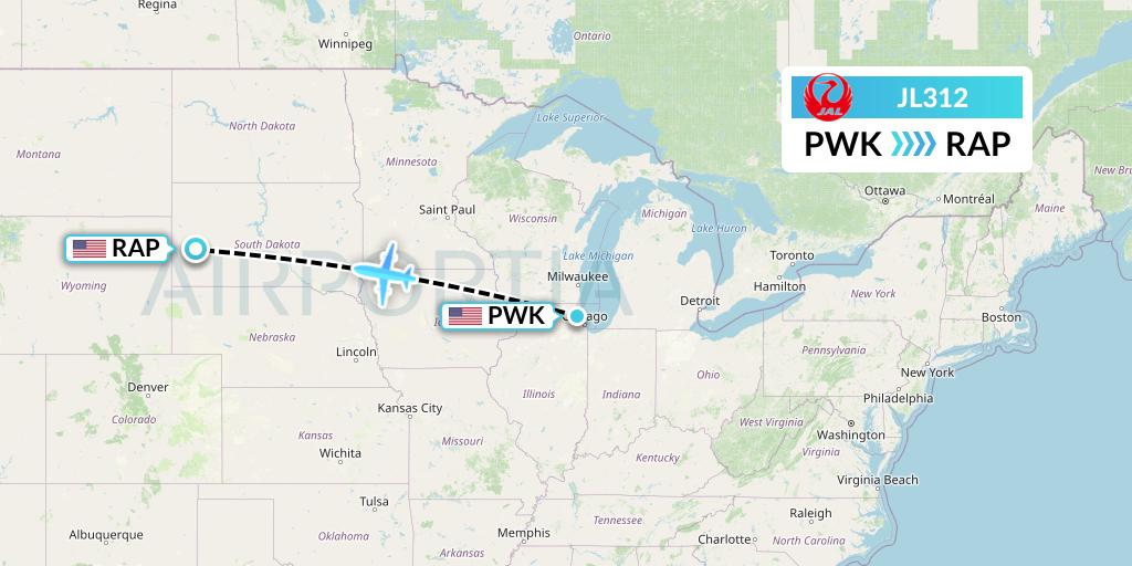JL312 Japan Airlines Flight Map: Chicago to Rapid City