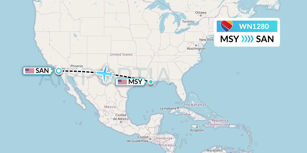 WN1280 Southwest Airlines Flight Map: New Orleans to San Diego